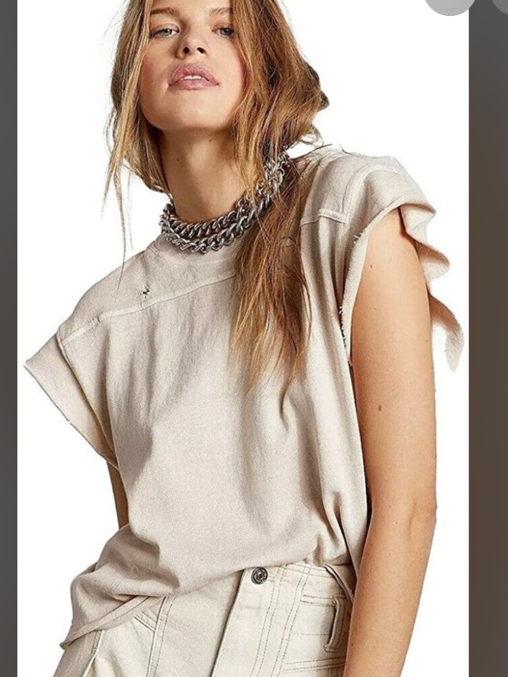 Free People Boxy Raw-Edge Short Sleeve Tee in Beige